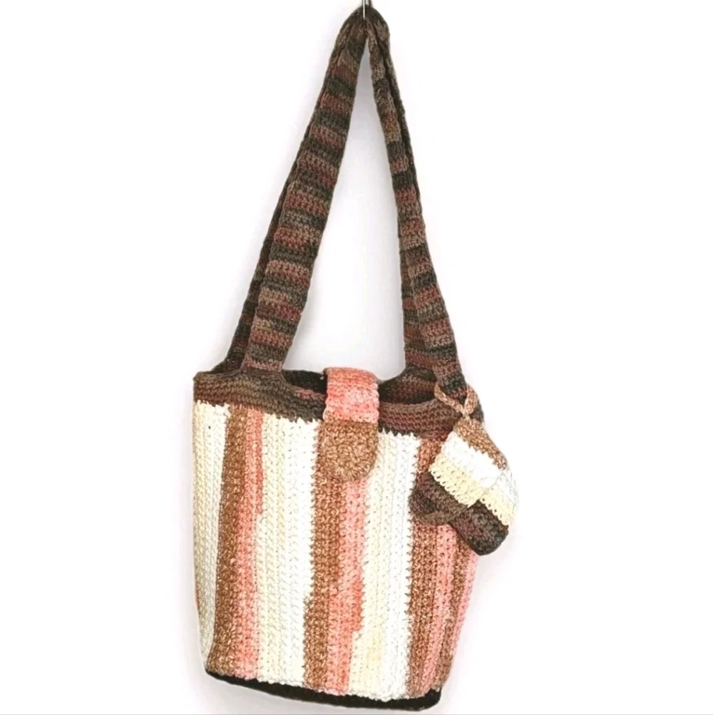 Hippie Boho Hand Crocheted Earthy Striped Bucket Purse W/ Coin Purse Homemade
